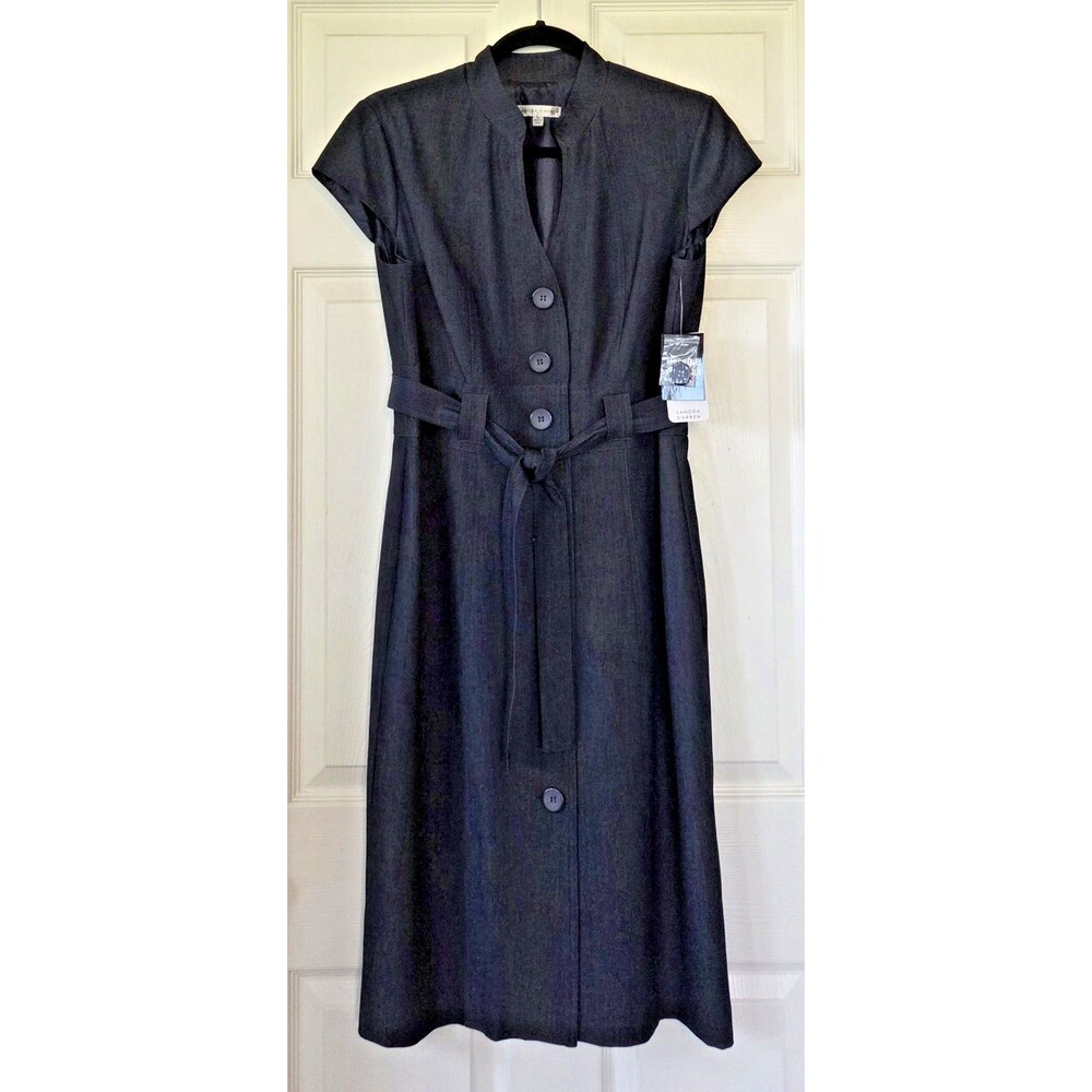SANDRA DARREN Navy-Blue Cap Sleeve Button Front Dress Size 12 NWT